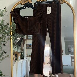 Chic Brown Plaid Women's Pants & Top Set